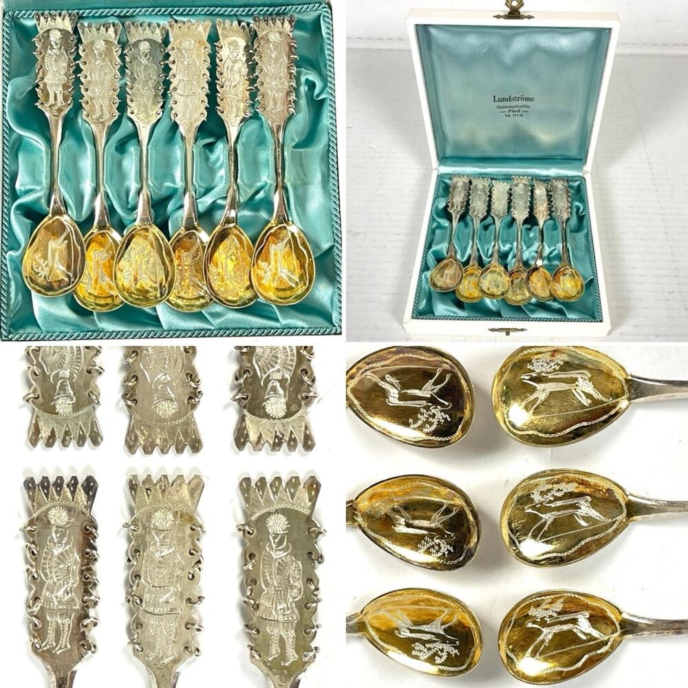 Swedish Sami Vtg Ornate Silver Tea Spoon Set 6 w/Case COP 09 Ringlets Reindeer